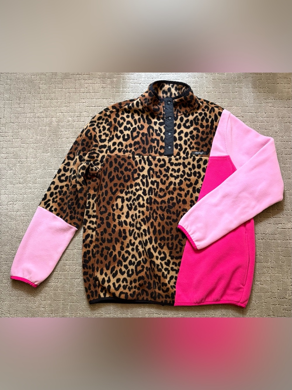 Lands' End Arty Party Colab Leopard Fleece Pullover with Pink Sleeve Panels